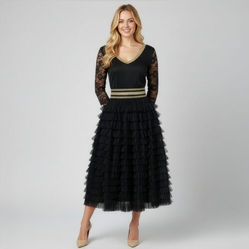 Embroidered Contrast Trim Lace Tiered Knit Dress - Queenspark
