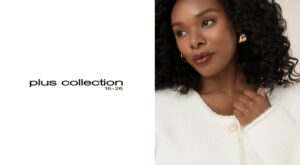 Queenspark plus-size J Crew fashion banner featuring a model in a navy blue and white patterned long-sleeve blouse.
