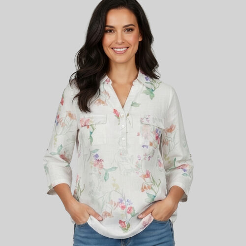 Lds Foliage Print Woven Blouse - Queenspark